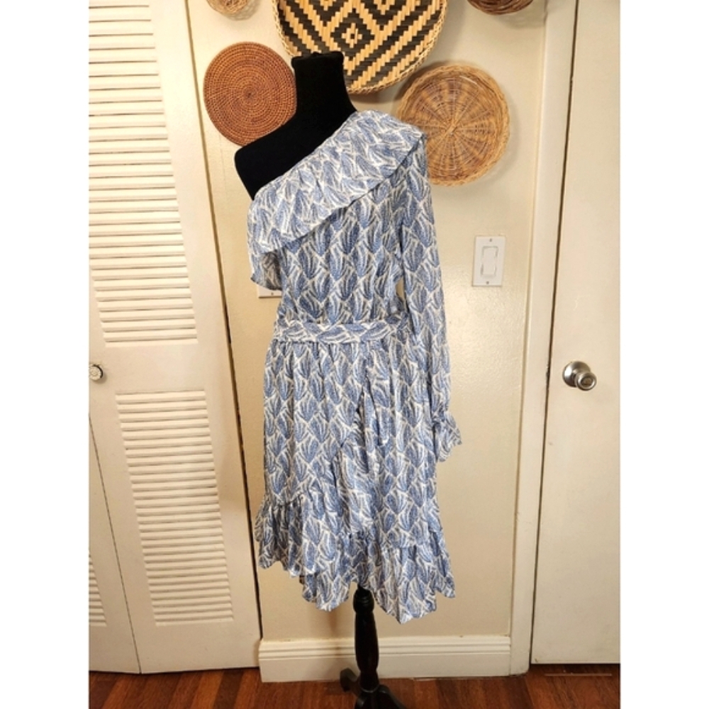 LAST ONE! White and Blue One Sleeve Ruffle Mini Dress With Wrap - Picture 2 of 13
